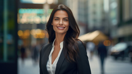 Obraz premium Beautiful brunette woman in stylish business clothes. Successful strong woman, office worker, manager.