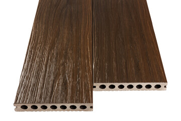Wood plastic composite patio decking boards isolated on white background