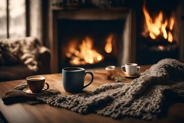Mug with  tea standing on a table with woolen blanket in a cozy living room with fireplace. Cozy...