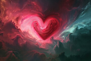 Valentine's Serenity: Plush Red Heart in Astral Motion, Lotus Pink and Leaf Green Galaxy Palette - obrazy, fototapety, plakaty
