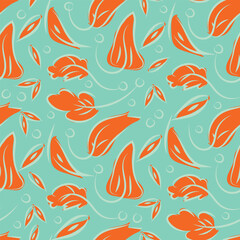 Tropical leaf vector seamless background pattern. Botanical background with leaves on blue backdrop. Scattered foliage all over print. Decorative botanical repeat for fabric, wrapping.