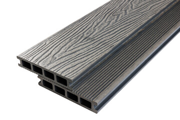 Wood plastic composite patio decking boards isolated on white background