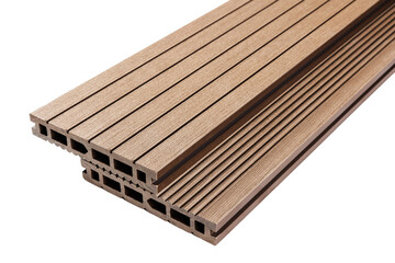 Wood plastic composite patio decking boards isolated on white background
