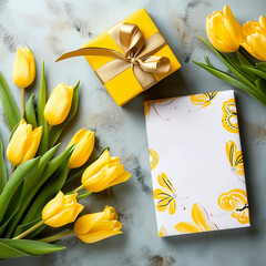 Top view photo of giftbox with ribbon bow and bouquet of tulips with copy space