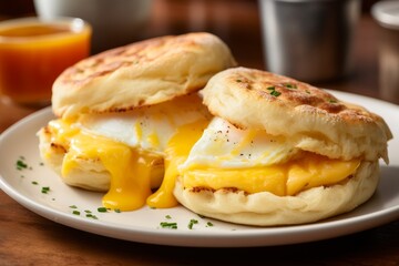 Two homemade English muffins with fried egg and cheese breakfast on the white plate - Powered by Adobe
