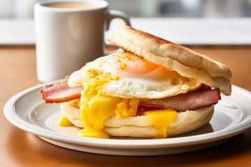 English muffin with fried egg, ham and cheese breakfast on the white plate with a cup of coffee - Powered by Adobe