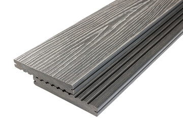 Wood plastic composite patio decking boards isolated on white background