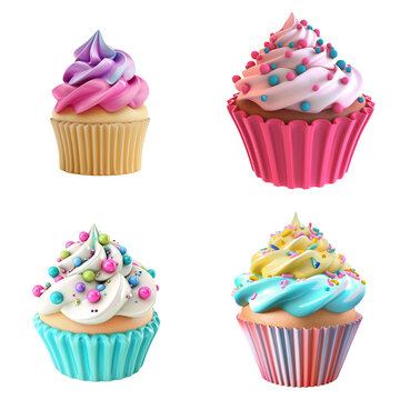 Set of cute delicious cupcakes isolated on transparent background.