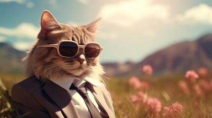 Fototapeta premium a cat wearing a suit and sunglasses, in the style of photorealistic landscapes, verdadism, pink and brown, animated gifs, photo-realistic hyperbole, uhd image, pop culture mash-up
