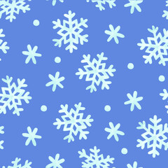 Watercolor seamless pattern of watercolor snowflakes on a blue background