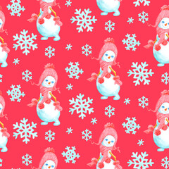 Watercolor seamless pattern with snowmen girl and snowflakes on pink background