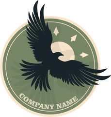 Proud raven bird, eagle spread its wings on green background. Emblem logo, vector illustration