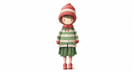 Cute character girl watercolor illustration in Christmas style on white background. Red and green colors.