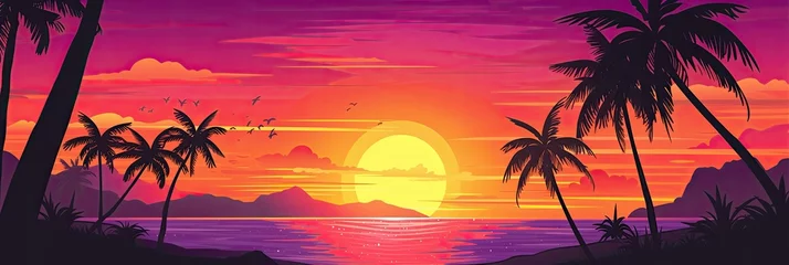 Schilderijen op glas A tropical island sunset banner template, perfect for romantic getaways © PinkiePie
