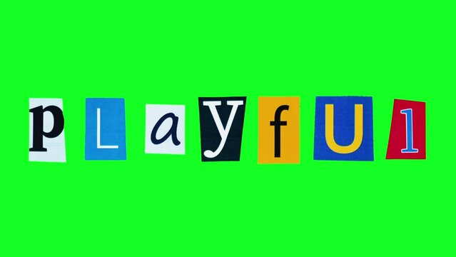 Creative visual featuring of the word playful compiled from moving cut pieces of paper with letters on green screen background. Stop motion of adjective meaning cheerful and festive against chroma key