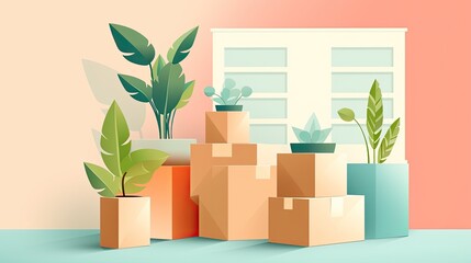 Cardboard boxes and potted plants in room