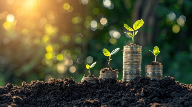 Gold coins and plants, seedlings growing on gold coins, money growing. Gold coins in soil with seedlings. Money-saving ideas, and economic growth. Copy space.