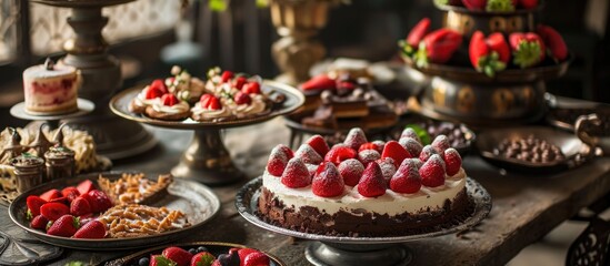 Turkish hotel dessert table with a variety of cakes, sweets, including a brownie cake topped with strawberries. - obrazy, fototapety, plakaty