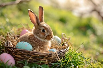 Fototapeta na wymiar Cute little Easter bunny with colorful eggs in a nest on a green grass background. Easter bunny in a basket