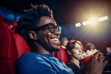 Generative AI illustration of happy people watching a movie - obrazy, fototapety, plakaty
