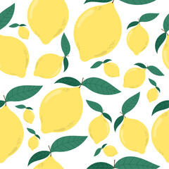 Seamless lemon pattern on isolated background. Cute yellow lemon with green leaves. For textiles, wallpaper, packaging paper.