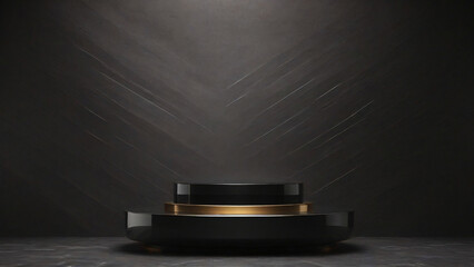 black gold podium on dark background. Platform for product display. 3d render