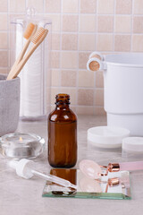 Fototapeta na wymiar Hyaluronic moisturizing serum on the bathroom shelf.
