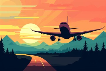 Tourism concept. Hand-drawn. Serene Landscape. Majestic Mountains, Sunset over Winding Road, Tranquil Forest Painting. Passenger plane.