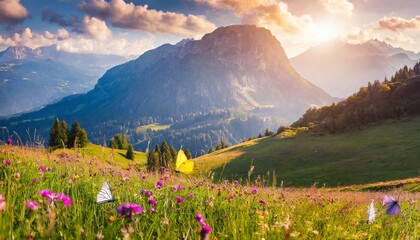 Fototapeta premium Field full of flowers with colorful butterflies