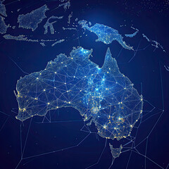 Vector illustration of Australia map at night, view of city lights on Earth from space, with interconnected nodes of light. 