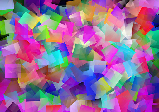 Piękne kolorowe abstrakcyjne tło. Geometryczne kwadraty tworzące mozaikę w odcieniach zieleni, niebieskiego i r&oacute;żu - kubizm, tapeta, tekstura