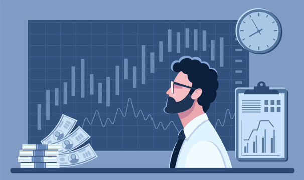 Male stock trader, broker, businessman, manager, analyst, investor. The concept of trading shares on the stock exchange, securities market analysis, investment, marketing. Director, business manager.