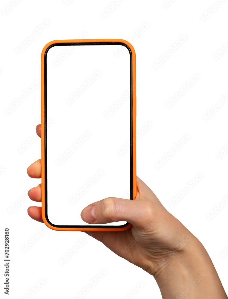 Poster thumb tapping on phone screen mockup. finger clicking on smartphone mock up isolated on white