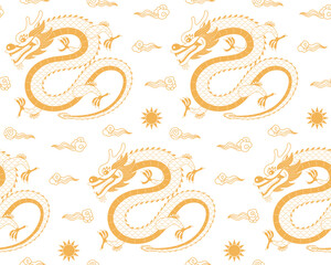 2024 Asian zodiac sign, Chinese dragon gold seamless pattern on transparent background. Vector illustration. Line art style design. Lunar New Year, Mid Autumn Festival holiday backdrop, package - obrazy, fototapety, plakaty