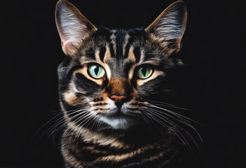 Close-up of a striking tabby cat with intense eyes against a dark background