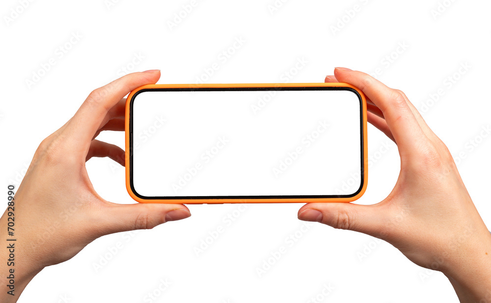 Poster horizontal screen in hands. mobile smartphone mockup in hands isolated on white