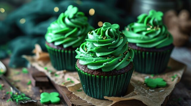 Cupcakes with green cream and filling and shamrock on top