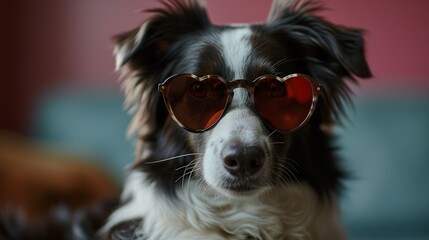 A Border Collie Sporting Trendy Heart-Shaped Sunglasses