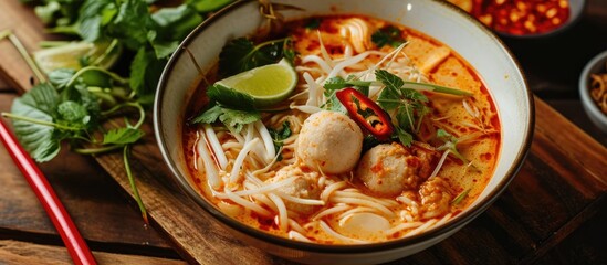 Tom Yum Noodles: Spicy Asian dish with fish ball and minced pork.