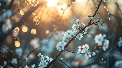 Bokeh, color fading and white branches with white flowers