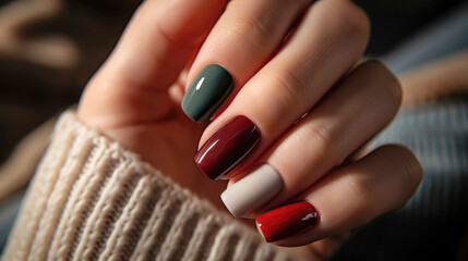 Photos of the design of multicolored nails on the hands , advertising the color of nails - obrazy, fototapety, plakaty