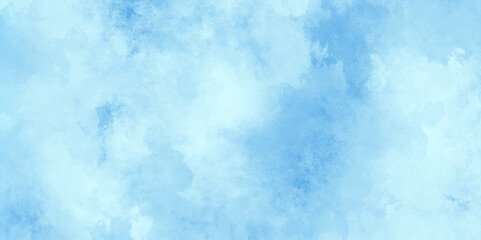Chaotic light blue watercolor grunge texture, grainy illustration art abstract blue color texture backdrop, clear and smooth watercolor blue sky background, white clouds on decorative blue paper.	