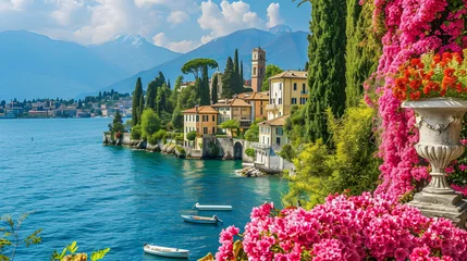 Poster Im Rahmen Italian Lake Villa With Pink Flowers and View Of The Beautiful Mountains  © Chich