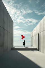 A woman holding red Balloons in a modern minimalistic concrete building.