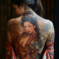 tattoo of a geisha in a kimono on a beautiful female back
