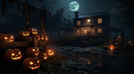 Halloween haunted house with pumpkins and ghosts by the river, in the style of realistic yet stylized, villagecore, harsh lighting, nocturne, captivating, eerily realistic.