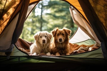 Brown and light dogs are lying in a tent against the background of nature. The concept of hiking, relaxing and traveling with pets.