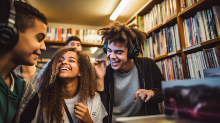 A group of teenagers loudly playing music in a library. - obrazy, fototapety, plakaty