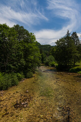 Fototapeta na wymiar Forest landscape around a mountain stream near the town of Bohinj in Slovenia..​