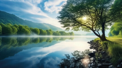Morning by the river from which the fog has not yet lifted the trees are reflected in the water